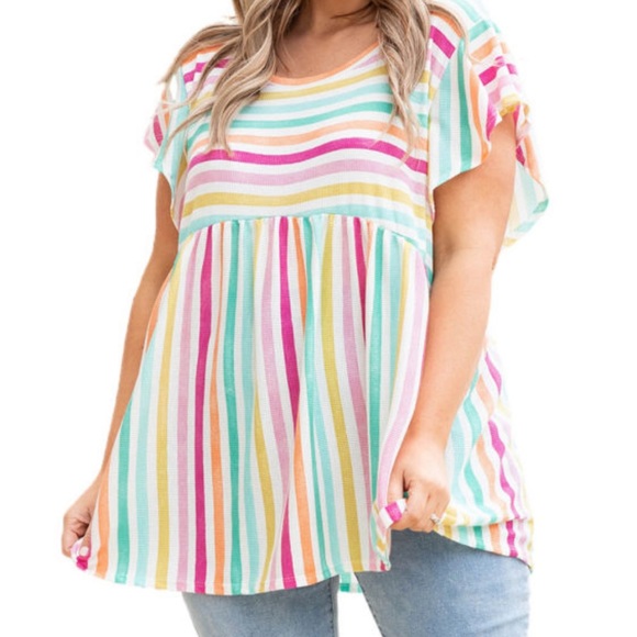 Tops - Multicoloured striped ruffle sleeve plus size baby doll top, ribbed super soft
